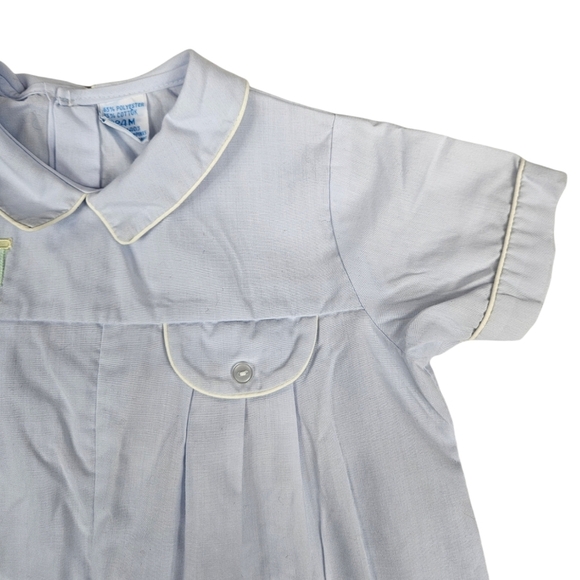 Vintage Babycrest Baby‎ Blue Embroidered Train Romper 24M Boys O12 - Picture 2 of 10